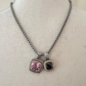Silver Tone Chain Necklace Adjustable 17-19" Pink & Black Rhinestone Pendants